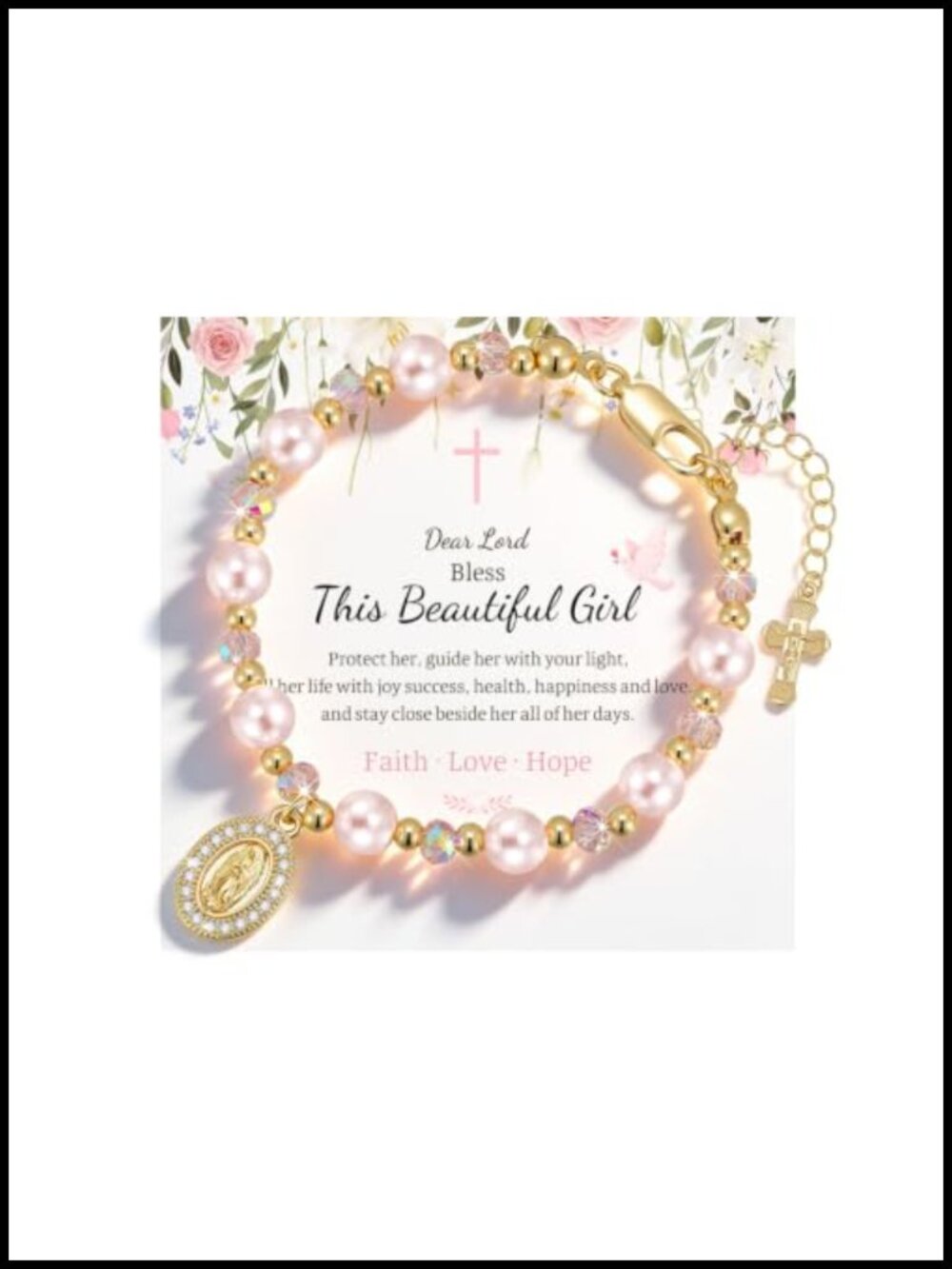 14K Gold Plated Crucifix Rosary Bracelet Catholic Gift 8in Pearl